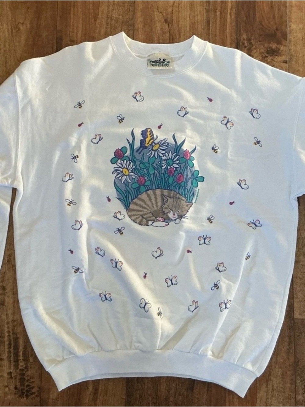 Vtg 90’s Crewneck Sweater Sleeping Kitten & Butterflies Women’s Size M